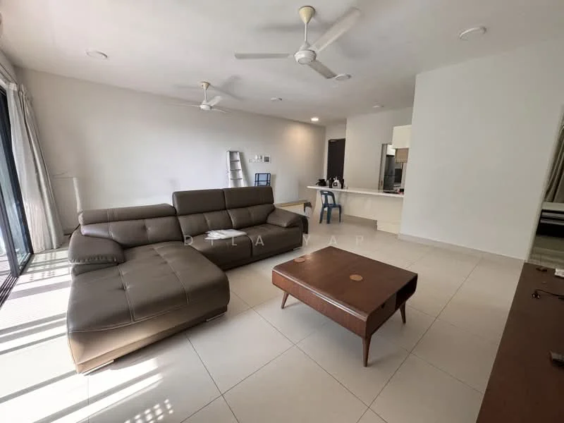 Living features: L-shape sectional sofa in brown leather, coffee table with wooden surface, wall-mounted TV, 2 ceiling fans, white painted walls, tile flooring, large sliding glass door, natural light from windows, open layout to kitchen, decorative wall shelf; style: modern.