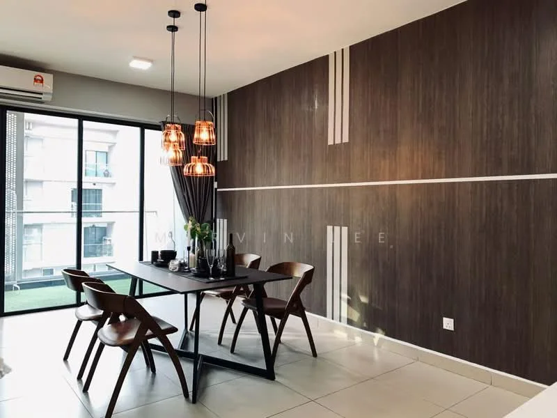 Dining features: wooden dining table, 4 wooden dining chairs, pendant lighting with multiple bulbs, dark wood accent wall, white painted walls, floor-to-ceiling sliding glass door, grey curtains, tile flooring, decorative plants on table; style: modern.