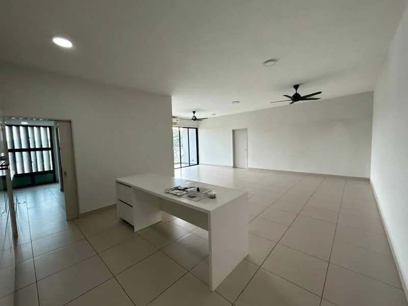 Living features: white painted walls, tile flooring, 5-blade ceiling fan, recessed downlights, large sliding glass door, floor-to-ceiling windows, open layout, neutral decor; style: modern; view: garden. Room features: white painted walls, tile flooring, doorway leading to another room.