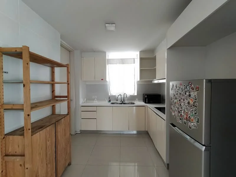 Kitchen features: white cabinetry, stainless-steel fridge, single-bowl stainless-steel sink, chrome pull-down faucet, white tiled backsplash, countertop with storage underneath, open shelving unit, built-in microwave, ceramic tile flooring, window with sheer curtains, recessed lighting; style: modern.