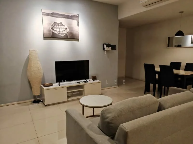 Living features: light grey fabric sofa, white coffee table, wall-mounted TV, white TV console, cream tiled flooring, decorative wall art, floor lamp, recessed ceiling lights, air conditioning unit, dining area visible in background, black dining chairs, mirror on wall; style: modern.