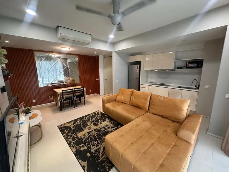 Living features: L-shape sectional sofa in tan fabric, coffee table, area rug with abstract pattern, wall-mounted TV, entertainment unit, 5-blade ceiling fan with light, recessed downlights, cream painted walls, tile flooring, sliding glass door, dining area with 6-seater dining table, kitchen with white cabinetry and stainless-steel appliances; style: modern.