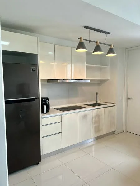 Kitchen features: white glossy cabinetry, stainless-steel sink, chrome pull-down faucet, black refrigerator, built-in oven, ceramic tile flooring, recessed downlights, pendant lighting, open shelving above countertop, double-basin sink, grey countertop, kitchen island, wall-mounted cabinets; style: modern.