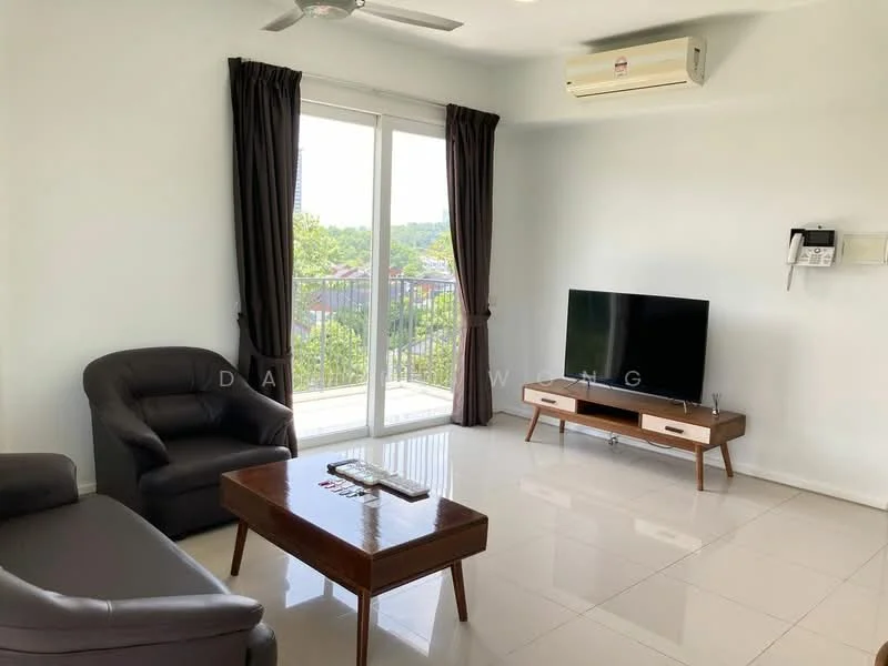 Living features: 3-seater leather sofa in black, wooden coffee table, wall-mounted TV, TV console with storage, floor-to-ceiling windows, sliding glass door, curtains in dark brown, 1 wall-mounted split AC, white painted walls, glossy tile flooring, ceiling fan; style: modern; view: garden.