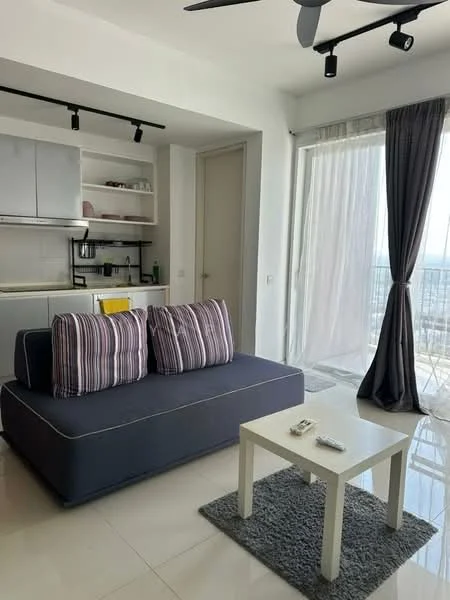 Living features: 3-seater fabric sofa in navy blue with striped cushions, white coffee table, area rug in grey, floor-to-ceiling windows, sheer curtains, recessed downlights, open shelving with kitchen items visible, white painted walls, glossy tile flooring, ceiling fan; style: modern; view: city.