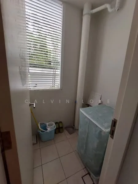 Laundry features: washing machine, white tiled flooring, white painted walls, window with blinds, laundry basket, cleaning supplies, sliding door, floor drain.