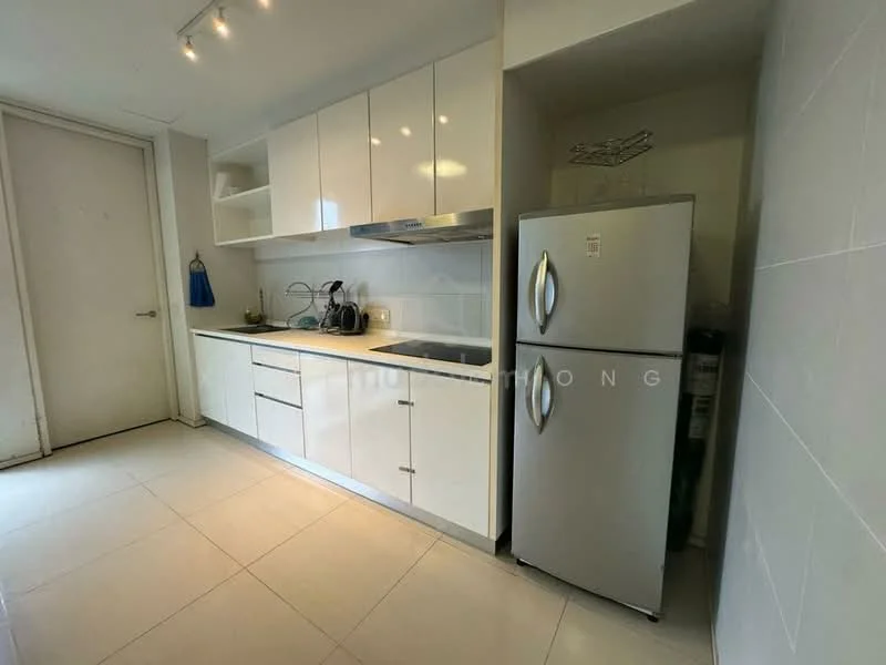 Kitchen features: white flat-panel cabinets, stainless-steel refrigerator, built-in oven, stainless-steel range hood, single-bowl stainless-steel sink, chrome pull-down faucet, white tiled backsplash, countertop with grey surface, under-cabinet lighting, ceramic tile flooring, wall-mounted shelf, kitchen utensils visible; style: modern.