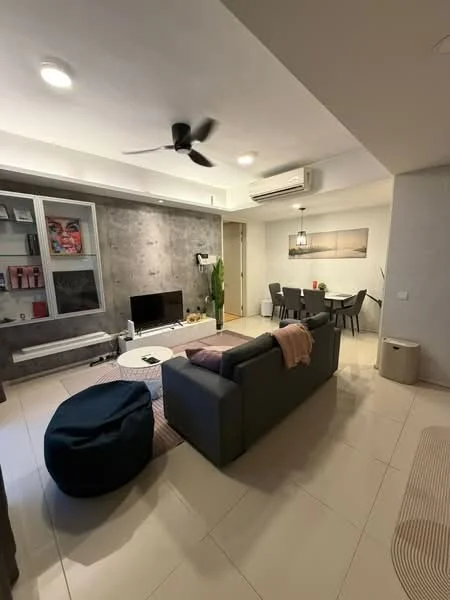 Living features: 3-seater fabric sofa in grey, coffee table, wall-mounted TV, ceiling fan, recessed downlights, exposed concrete accent wall, built-in shelving unit, decorative artwork, area rug, potted plant, tile flooring; style: modern. Dining features: 4-seater dining table, upholstered dining chairs, pendant lighting; style: modern.