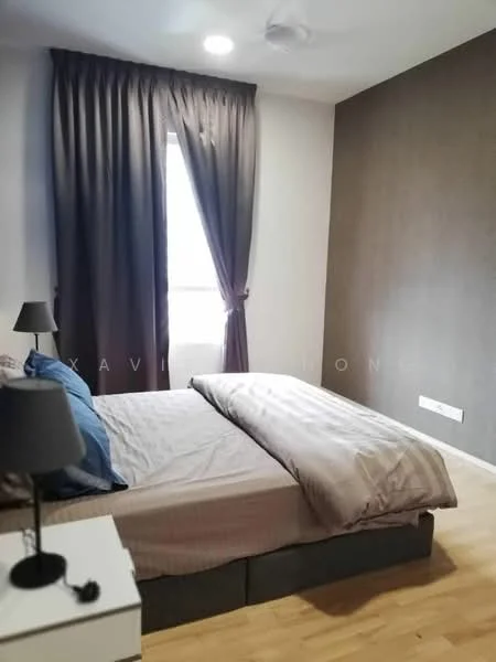 Bedroom features: queen-size bed with beige bedding, upholstered headboard, wooden flooring, grey accent wall, white painted walls, floor-to-ceiling window with sheer curtains, table lamp on bedside table, built-in wardrobe, recessed ceiling lights, ceiling fan; style: modern.