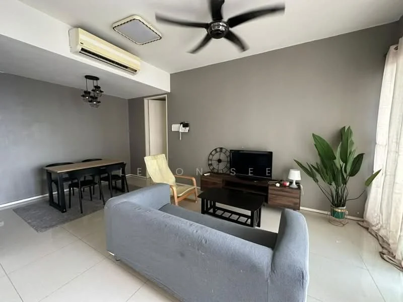 Living features: grey painted walls, white ceiling, 5-blade ceiling fan, wall-mounted TV, wooden TV console, black coffee table, grey fabric sofa, area rug, large potted plant, floor-to-ceiling windows with sheer curtains, dining table with black chairs, air conditioning unit; style: modern.