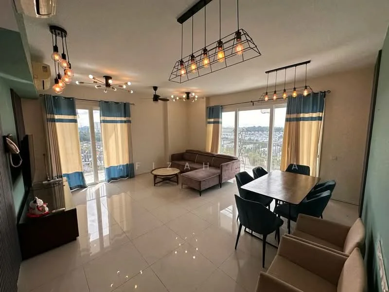 Living features: floor-to-ceiling windows, beige curtains with blue accents, 3-seater fabric sofa in light brown, 2-seater fabric sofa in light brown, wooden coffee table, 6-seater dining table, 4 upholstered dining chairs, 2 upholstered armchairs, ceiling fan, pendant lighting with multiple bulbs, wall-mounted TV, white painted walls, glossy tile flooring; style: modern; view: city.
