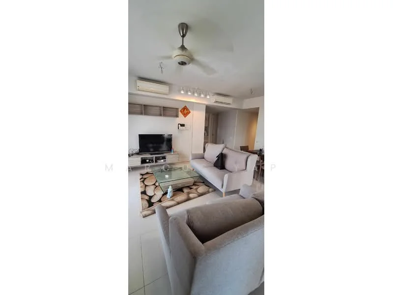 Living features: 3-seater fabric sofa in light grey, 2-seater fabric sofa in beige, glass coffee table, wall-mounted TV, TV console, ceiling fan, recessed downlights, white painted walls, tile flooring, decorative wall art, area rug with geometric pattern; style: modern.