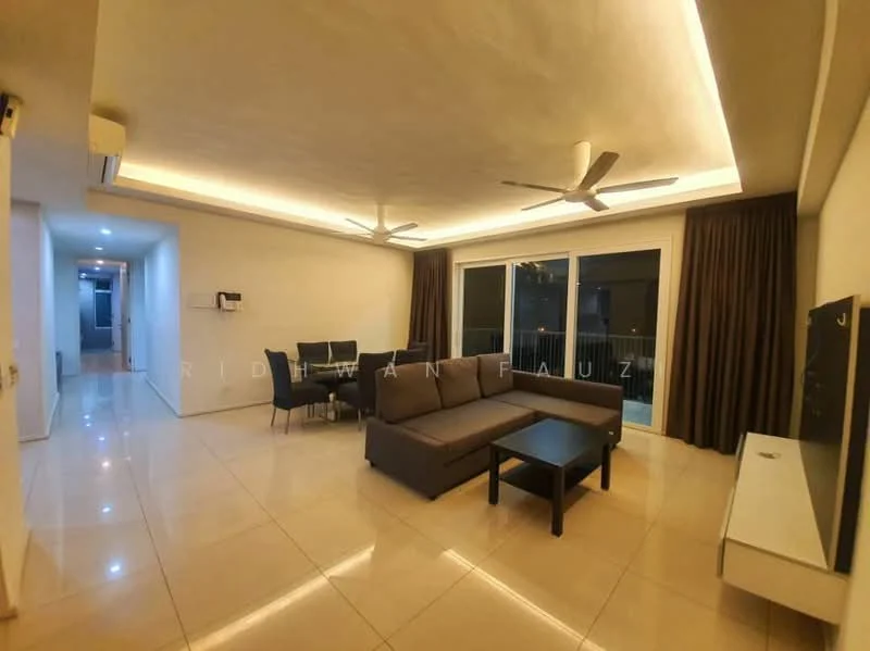 Living features: L-shape sectional sofa in grey, coffee table, wall-mounted TV, TV console, area rug, 5-blade ceiling fans with light, recessed LED downlights, floor-to-ceiling windows, sliding glass door, curtains, cream painted walls, polished tile flooring; style: modern; view: city. Room features: white painted walls, polished tile flooring, recessed lighting.