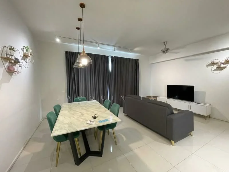 Living features: grey fabric sofa, marble dining table, green upholstered dining chairs, wall-mounted TV, white TV console, recessed downlights, ceiling fan, floor-to-ceiling curtains, glossy tile flooring, decorative wall planters; style: modern.