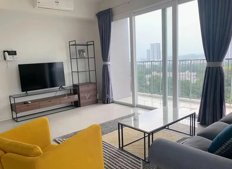Living features: floor-to-ceiling windows, sliding glass door, grey fabric sofa, yellow accent chair, coffee table with metal frame, TV console with storage, wall-mounted TV, area rug with geometric pattern, curtains in dark blue, air conditioning unit, decorative shelving unit; style: modern; view: city.
