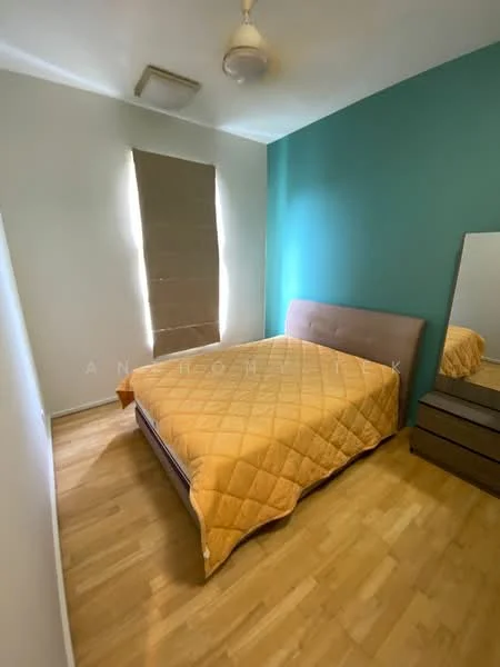 Bedroom features: queen-size bed with beige quilted cover, wooden flooring, green accent wall, white painted walls, window with roller blinds, ceiling fan, full-length mirror, nightstand with drawers; style: modern.