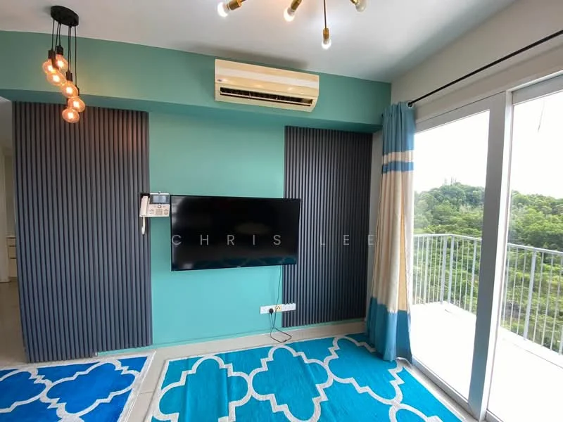 Living features: blue accent wall, grey feature wall with vertical panels, wall-mounted TV, 5-blade ceiling fan with light, sliding glass door, floor-to-ceiling windows, curtains with blue and beige pattern, area rug with geometric pattern; style: modern; view: garden.
