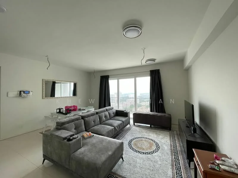 Living features: grey fabric sectional sofa, 2-seater grey fabric sofa, black TV console, wall-mounted TV, area rug with geometric pattern, coffee table, floor-to-ceiling windows, blackout curtains, recessed ceiling lights, mirror on wall, white painted walls, tile flooring; style: modern; view: city.