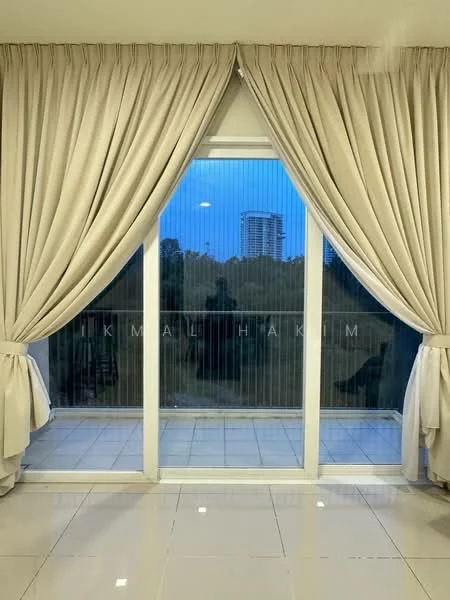 Room features: floor-to-ceiling sliding glass door, sheer curtains, heavy drapes, white tiled flooring, city skyline view, recessed ceiling lights; style: modern; view: city.