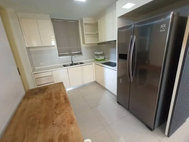 Kitchen features: white shaker cabinets, stainless-steel fridge, single-bowl stainless-steel sink, chrome pull-down faucet, black countertop, ceramic tile flooring, recessed downlights, window with blinds, built-in oven, cooktop, wooden countertop, open shelving; style: modern.