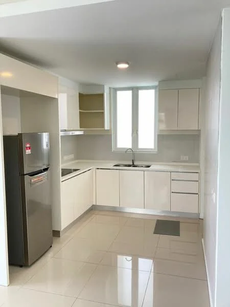 Kitchen features: white cabinetry, stainless-steel fridge, single-bowl stainless-steel sink, chrome pull-down faucet, white quartz countertop, ceramic tile backsplash, open shelving, built-in oven, 4-burner gas hob, recessed downlights, glossy tile flooring, window with view to outside; style: modern.
