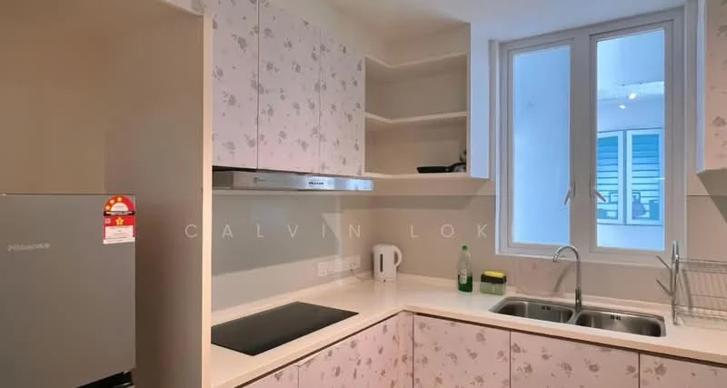 Kitchen features: white cabinets with floral pattern, stainless-steel sink, chrome pull-down faucet, built-in electric cooktop, stainless-steel range hood, refrigerator, countertop with white surface, open shelving, window with natural light; style: modern.