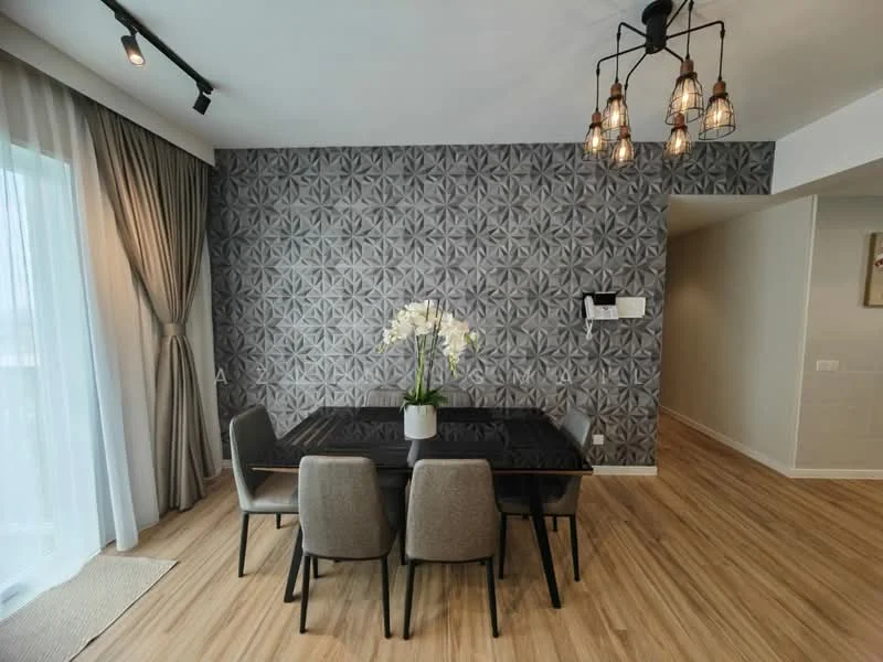 Dining features: black dining table, 6 upholstered dining chairs in grey, geometric patterned feature wall in grey, floor-to-ceiling windows with sheer curtains, wooden flooring, pendant lighting with exposed bulbs, decorative plant in white pot, neutral wall color; style: modern.