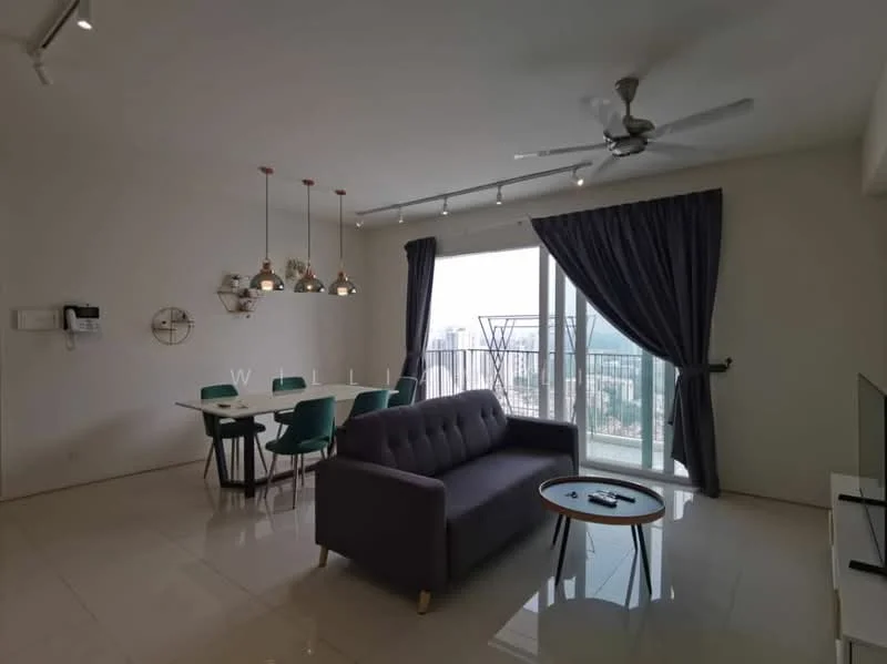Living features: 3-seater fabric sofa in grey, coffee table, wall-mounted TV, 5-blade ceiling fan with light, floor-to-ceiling windows, curtains in dark grey, marble tile flooring, decorative wall clock, decorative mirror; style: modern; view: city. Dining features: 6-seater dining table, upholstered dining chairs in green, pendant lighting above dining table; style: modern; view: city.