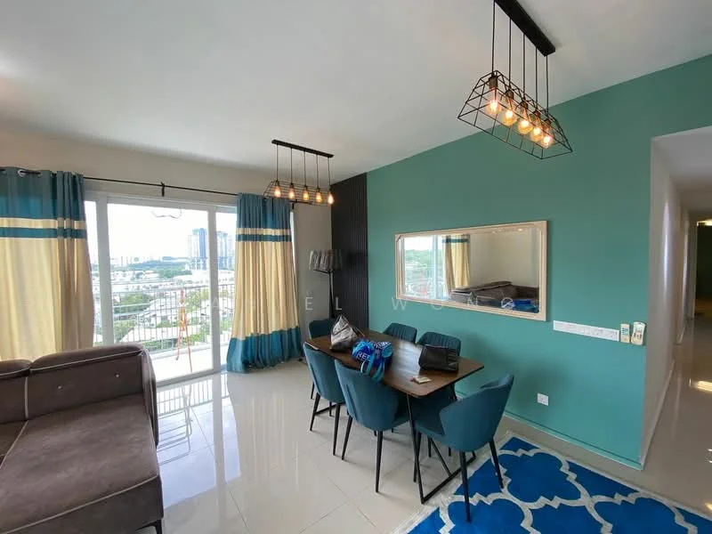 Dining features: 6-seater dining table, upholstered dining chairs in blue, pendant lighting with multiple bulbs, mirrored wall decor, floor-to-ceiling windows, curtains with blue and cream stripes, blue area rug with geometric pattern, polished tile flooring; style: modern; view: city. Living features: L-shape sectional sofa in grey, wall-mounted TV, decorative wall with dark paint, open layout to dining area; style: modern; view: city.