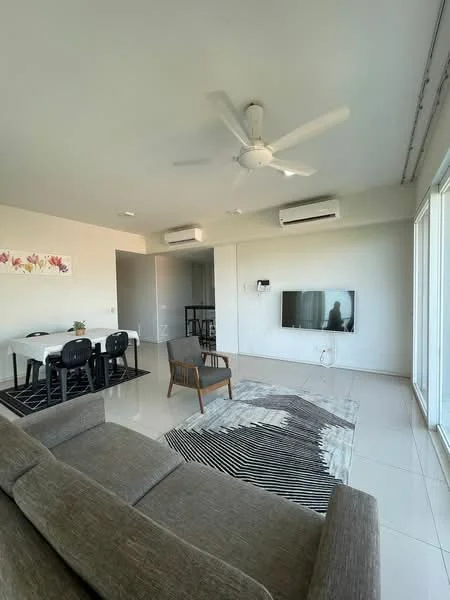 Living features: 3-seater fabric sofa in grey, area rug with geometric pattern, wall-mounted TV, coffee table, 5-blade ceiling fan with light, 2 wall-mounted split ACs, large glass sliding door, floor-to-ceiling windows, decorative wall art with floral pattern; style: modern; view: city. Dining features: 6-seater dining table, black dining chairs, open layout, light-colored walls, tile flooring; style: modern.