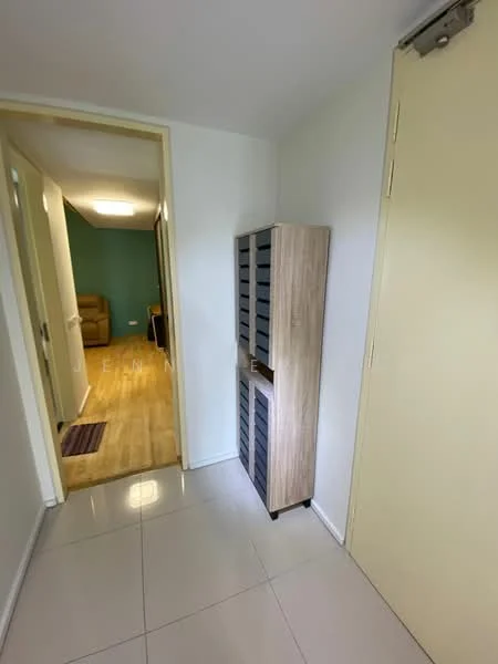 Room features: white painted walls, light-colored flooring, tile flooring, wooden storage cabinet, doorway leading to another room, ceiling light fixture; style: modern.