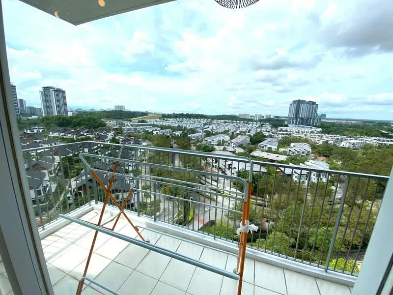 Room features: balcony with railing, tile flooring, city view, clothes drying rack, glass sliding door, overhead light fixture; view: city.