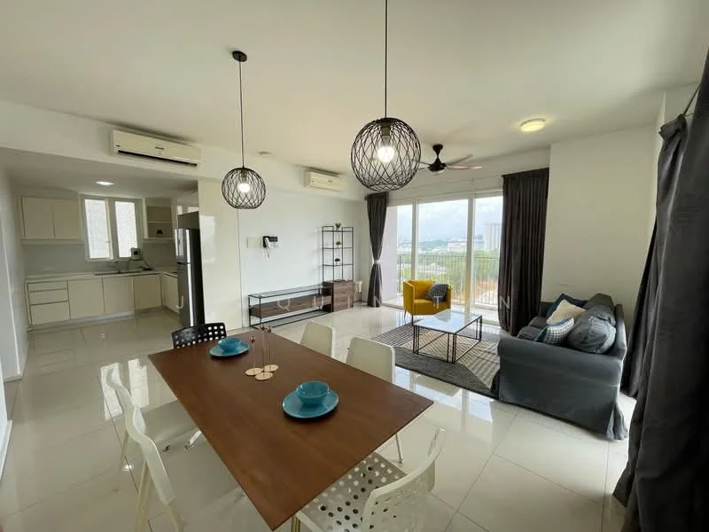 Living features: grey fabric sofa, yellow accent chair, wooden coffee table, black wire pendant lights, wall-mounted TV, open shelving unit, floor-to-ceiling windows, curtains, recessed downlights, white painted walls, polished tile flooring, ceiling fan; style: modern; view: city. Dining features: wooden dining table, white plastic dining chairs, decorative coasters, recessed downlights; style: modern; view: city. Kitchen features: white cabinetry, stainless-steel fridge, built-in oven, 4-burner gas hob, white tiled backsplash; style: modern; view: city.