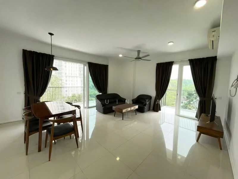 Living features: white painted walls, glossy tile flooring, 5-blade ceiling fan with light, floor-to-ceiling windows, black leather sofa, 2-seater black leather sofa, wooden dining table with 4 chairs, sheer curtains, blackout curtains, balcony view; style: modern; view: garden.