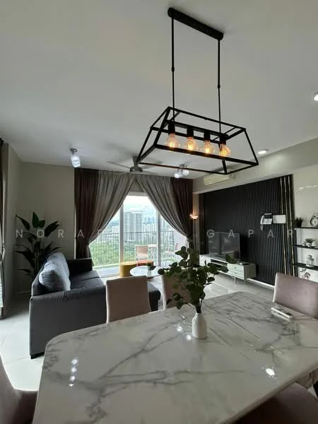 Living features: grey fabric sofa, marble dining table, upholstered dining chairs, black metal chandelier with four bulbs, floor-to-ceiling windows, curtains in dark grey, wooden accent wall, TV console, decorative plants, light-colored flooring; style: modern; view: garden.