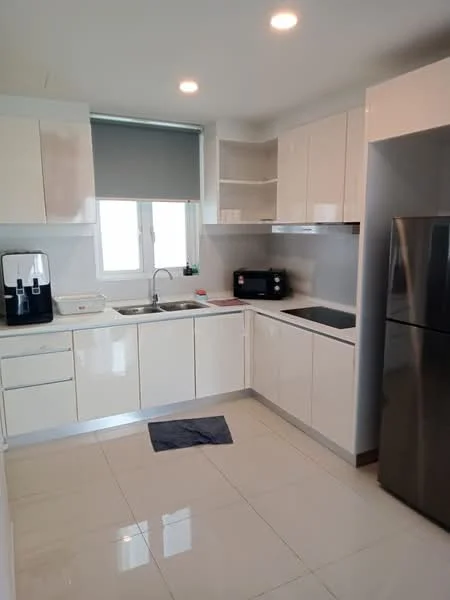 Kitchen features: white glossy cabinetry, stainless-steel sink, chrome pull-down faucet, built-in oven, induction cooktop, stainless-steel fridge, white tiled backsplash, grey countertop, ceramic tile flooring, window with roller blinds, open shelving, microwave, kitchen mat; style: modern.