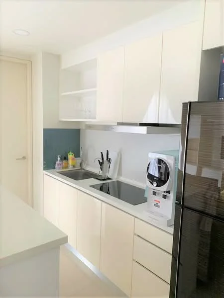 Kitchen features: white cabinetry, stainless-steel sink, chrome pull-down faucet, black glass cooktop, built-in oven, microwave, white countertop, glass backsplash, open shelving, refrigerator, under-cabinet lighting; style: modern.