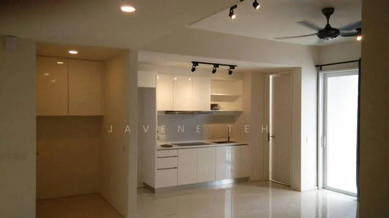 Kitchen features: white cabinetry, flat-panel cabinets, stainless-steel sink, chrome pull-down faucet, white countertop, built-in oven, freestanding range oven, recessed LED downlights, track lighting, sliding glass door, floor-to-ceiling windows, marble tile flooring; style: modern.