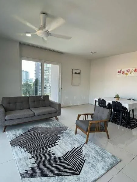 Living features: 3-seater fabric sofa in grey, wooden armchair with grey upholstery, area rug with geometric pattern, ceiling fan, floor-to-ceiling windows, dining table with 4 black chairs, white walls, light-colored tiled flooring, decorative wall art; style: modern; view: city.