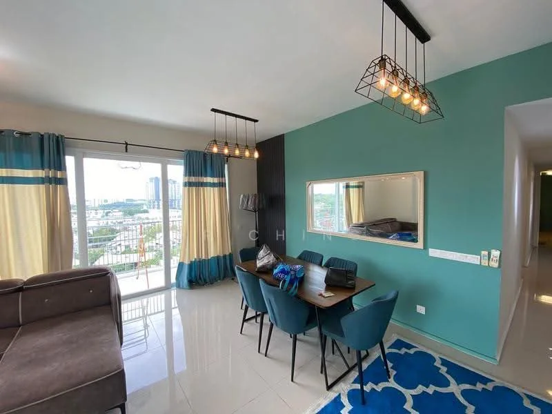 Living features: grey fabric sectional sofa, 4-seater dining table, upholstered dining chairs in teal, blue area rug with geometric pattern, floor-to-ceiling windows, curtains with teal and cream stripes, pendant lighting with exposed bulbs, wall-mounted mirror, glossy tile flooring, decorative wall in dark teal, TV console, view of city skyline; style: modern; view: city.
