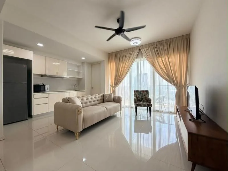 Living features: 3-seater fabric sofa in beige, ceiling fan with light, wall-mounted TV, wooden TV console, large glass sliding door, floor-to-ceiling windows, sheer curtains, marble tile flooring, decorative armchair, recessed downlights; style: modern; view: city. Kitchen features: white cabinetry, stainless-steel fridge, built-in microwave, ceramic cooktop, countertop with backsplash, open shelving; style: modern.