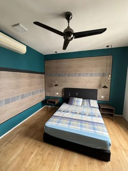 Bedroom features: queen-size bed with blue and plaid bedding, wooden flooring, teal painted walls, wood panel accent wall, 2 bedside tables, 1 ceiling fan, 2 pendant lights, air conditioning unit; style: modern.