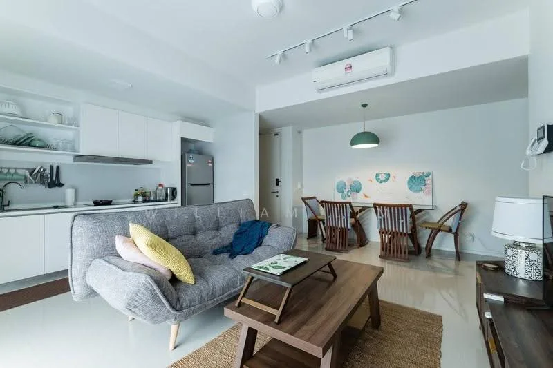 Living features: grey fabric sofa, yellow throw pillow, wooden coffee table, area rug, wall-mounted TV, recessed ceiling lights, ceiling-mounted air conditioning unit, pendant light fixture, wooden dining chairs, dining table, open kitchen layout, white cabinetry, stainless-steel fridge, kitchen sink, kitchen countertop; style: modern.