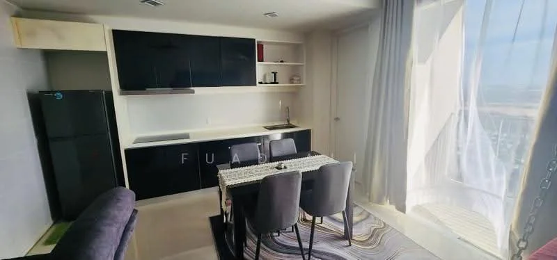 Kitchen features: black cabinetry, white countertop, stainless-steel fridge, built-in stove, kitchen sink, open shelving, dining table with four chairs, area rug with abstract pattern, floor-to-ceiling windows, curtains, light-colored walls, recessed lighting; style: modern; view: city.