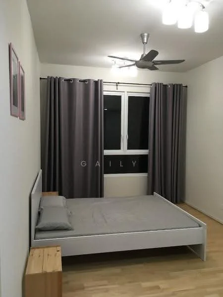 Bedroom features: queen-size bed, light grey bedding, wooden bed frame, 2 bedside tables, ceiling fan, 3-blade ceiling fan, floor-to-ceiling window, grey curtains, white painted walls, laminate flooring, framed artwork on wall; style: modern.