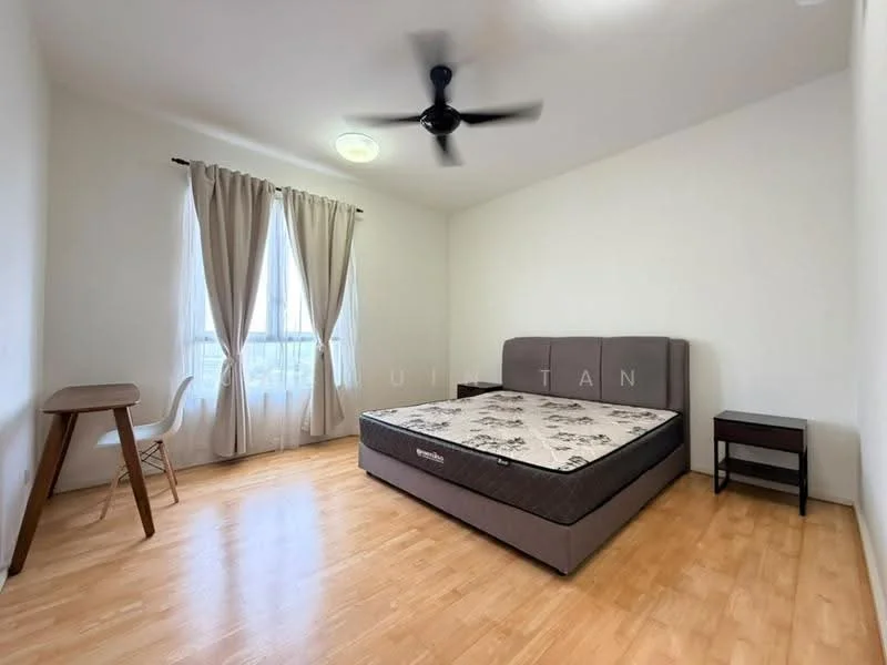 Bedroom features: queen-size bed, upholstered headboard, wooden bedside table, white walls, laminate flooring, ceiling fan, curtains, floor-to-ceiling windows; style: modern; view: city.
