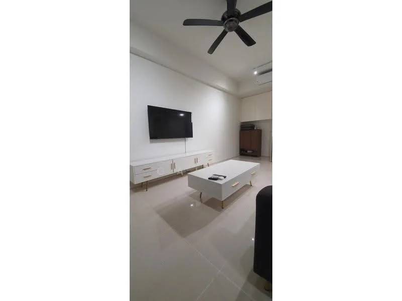 Living features: white painted walls, glossy tile flooring, 5-blade ceiling fan with light, wall-mounted TV, white TV console with gold handles, coffee table with white surface, black sofa, recessed lighting, air conditioning unit; style: modern.