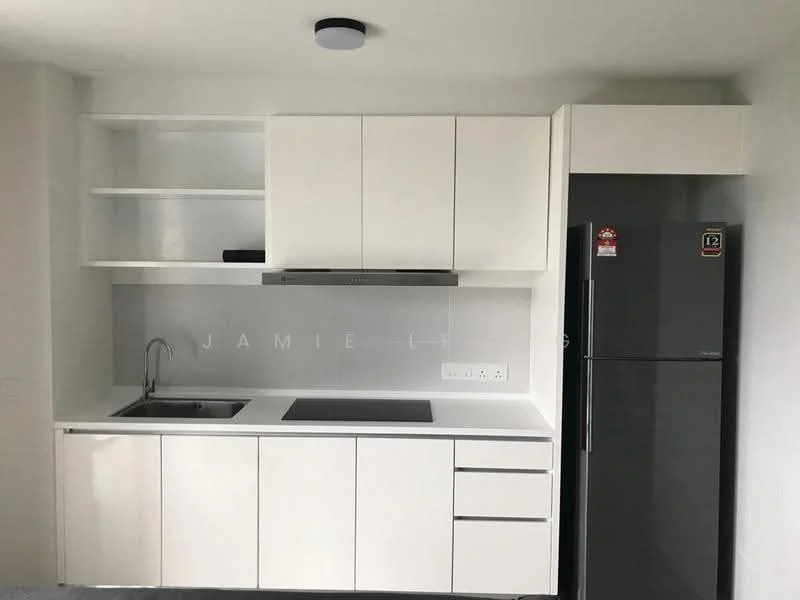 Kitchen features: white cabinetry, stainless-steel sink, chrome pull-down faucet, built-in oven, stainless-steel range hood, 4-burner induction hob, black refrigerator, open shelving, grey backsplash, countertop with integrated sink, drawer storage, cabinet storage; style: modern.