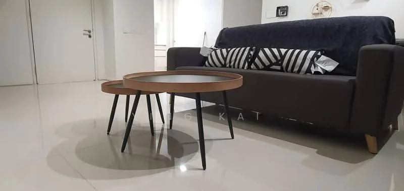 Living features: 3-seater fabric sofa in dark grey, decorative throw pillows with black and white stripes, round coffee table with wooden top and black legs, polished ceramic tile flooring, white painted walls, recessed downlights, floor-to-ceiling windows, curtains, wall-mounted light fixture; style: modern.
