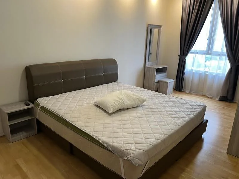 Bedroom features: king-size bed, upholstered headboard, wooden bedside table, mirror on dresser, laminate flooring, floor-to-ceiling window, sheer curtains, decorative pillow; style: modern; view: city.